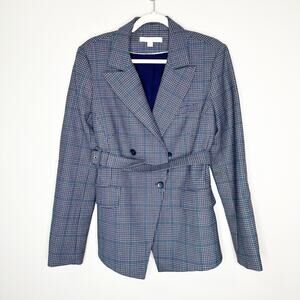 Jonathan Simkhai Womens Jacket Blazer Plaid Double Breasted Belted Blue Size 8